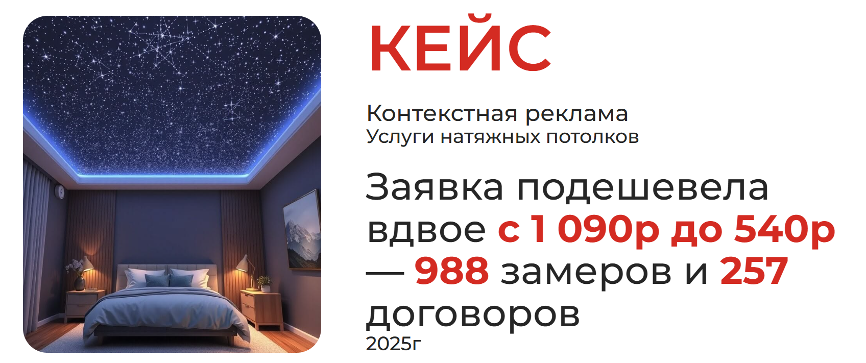 Заявка на натяжение потолков подешевела вдвое с 1 090р до 540р